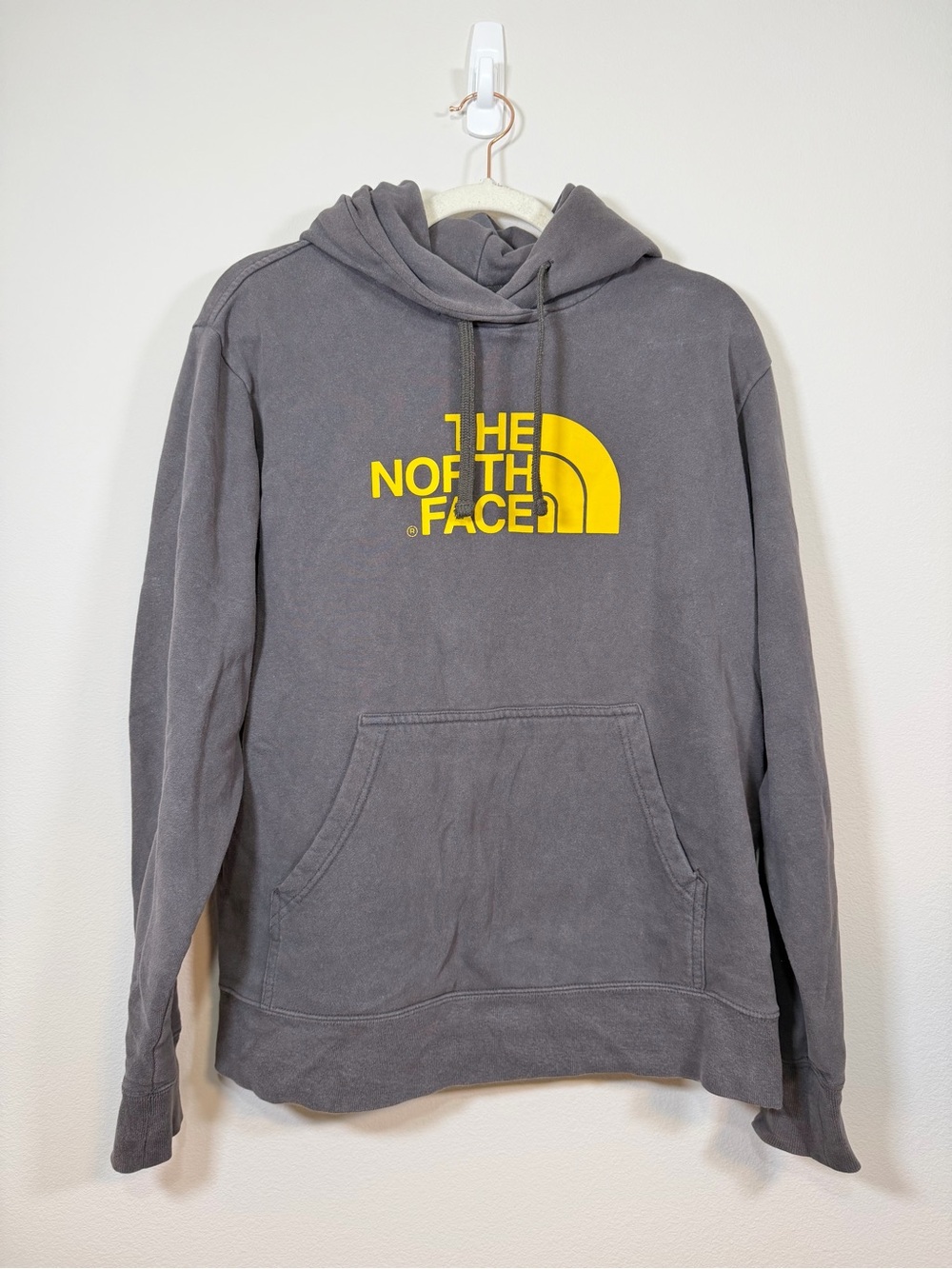 The North Face Sweatshirt Gray Hoodie Yellow Logo Heavy Outdoor Pullover Men M